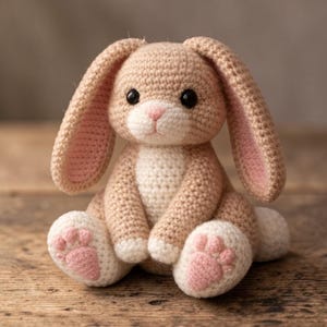 Könnte beinhalten: Ein handgehäkelter Hase in sitzender Position. Der Hase ist hauptsächlich beige mit weißen Akzenten auf Brust, Pfoten und Schwanz. Die Innenohren und Pfotenballen sind rosa. Er hat schwarze Augen und eine rosa Nase.