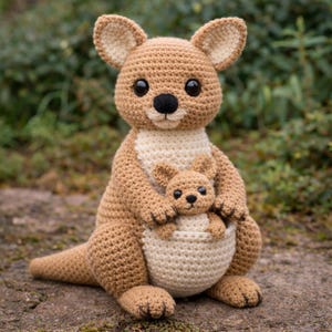 May include: A crocheted kangaroo with a joey in its pouch. The kangaroo is primarily tan with a cream-colored belly and pouch. It has large, black eyes and a black nose. The joey is a smaller version of the adult kangaroo.