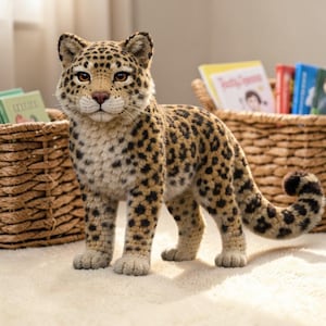 Może przedstawiać: Ręcznie wykonana pluszowa zabawka w kształcie lamparta z szczegółowym wzorem w odcieniach beżu i czerni. Pluszowe zwierzę ma realistyczną twarz, brązowe oczy i zakręcony ogon. Stoi na kremowym dywanie.