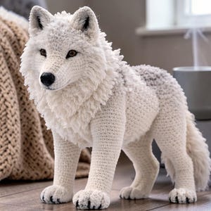 Op de afbeelding: Een handgemaakte, witte gehaakte wolf figuur met een pluizige manen en staart. De wolf heeft bruine ogen en een zwarte neus, staand op vier poten. Het haakwerk is gedetailleerd en toont de textuur van het garen.