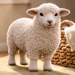 May include: A knitted sheep ornament in cream. The sheep has a textured, woolly body, a detailed face with black eyes and a brown nose. It stands on four legs. A woven basket is in the background.