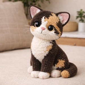 May include: A handmade crochet cat doll with a brown, white, and tan color scheme. The cat has large, expressive eyes, a pink nose, and a smiling mouth. The cat is sitting upright with its paws and tail visible.