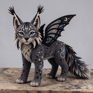Op de afbeelding: Een gehaakt mythisch wezen met een lynxachtig gezicht, blauwe ogen en gevederde vleugels. Het wezen is voornamelijk donkergrijs met bruin- en witte accenten. Het heeft decoratieve krullen en maanvormen. De vleugels zijn zwart en grijs met witte details.
