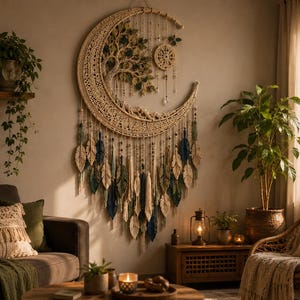 May include: A large crescent moon wall hanging made of cream-colored macrame cord, featuring an intricate tree design within the curve, a small circular web element, and numerous dangling leaf-shaped tassels in shades of cream, blue, and green.