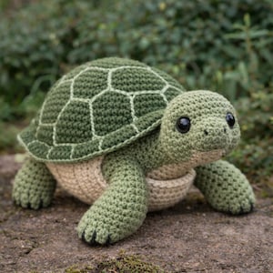 May include: A handmade crochet turtle in shades of green and tan. The turtle has a detailed shell pattern, large black eyes, and a smiling expression. The soft sculpture is a charming decorative item or a unique toy.