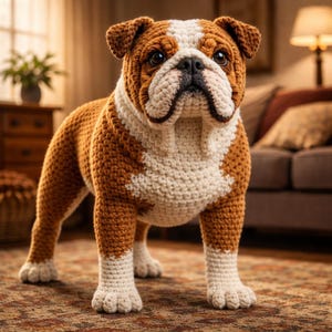 May include: A handcrafted crochet bulldog dog sculpture in brown and white. The dog is standing on a patterned rug, with a detailed crochet texture. The bulldog has a distinctive face and is a charming decorative item.