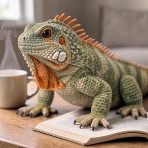 Pode incluir: Uma iguana de crochê em tons de verde, laranja e bege, pousada em um livro aberto. A iguana apresenta escamas detalhadas, uma crista espinhosa e uma barbela laranja. Uma caneca bege está próxima em uma mesa de madeira.