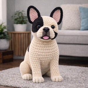 May include: A crocheted French Bulldog dog with a cream-coloured body, black and white markings, and pink accents. The dog is sitting on a grey rug, with its tongue sticking out. The dog has black ears and a black spot over one eye.