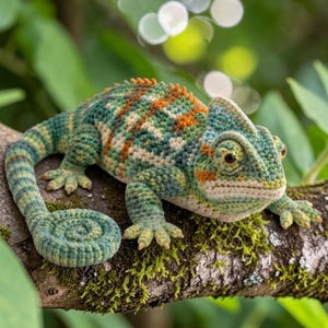 Pode incluir: Um camaleão de crochê feito à mão, em tons de verde, laranja e creme, repousa em um galho musgoso. O réptil detalhado apresenta uma cauda enrolada e olhos realistas, mostrando uma mistura de arte e natureza.