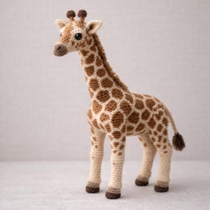 May include: A crocheted giraffe toy, featuring a long neck and a pattern of brown and cream-coloured spots. The giraffe has small, dark brown horns and is made with a textured stitch. It stands on four legs with dark brown hooves, giving it a soft, plush appearance.