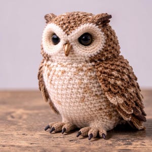 May include: A handcrafted crochet owl figurine in shades of brown and cream. The owl has large, dark eyes, a golden beak, and detailed feather patterns. The owl is sitting on a wooden surface.