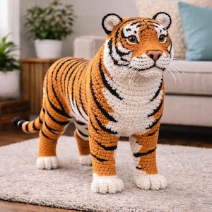 May include: A handmade crochet tiger figurine. The tiger has orange and white stripes with black accents. The tiger has a white muzzle, paws, and belly. The tiger is standing on a light-coloured rug. The tiger's height is approximately 61 cm.