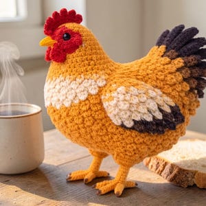 Könnte beinhalten: Ein handgehäkeltes Huhn mit rotem Kamm und gelbem Schnabel steht neben einer dampfenden Kaffeetasse und einer Scheibe Brot. Das Huhn ist hauptsächlich orange mit weißen und braunen Akzenten. Die Szene spielt auf einer Holzoberfläche.