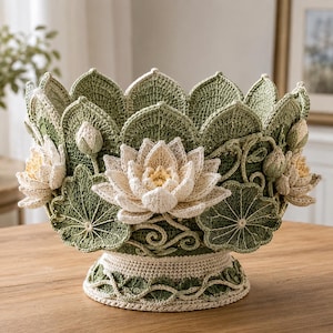 Water Lily Pedestal Bowl Crochet Pattern PDF, Crochet Flower Bowl Pattern, Lotus Centerpiece Crochet Pattern, Decorative Crochet Basket