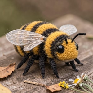 May include: A handmade crochet bee with yellow and black stripes, large black eyes, and delicate wings. The bee has six black legs and two antennae. The bee is sitting on a wooden surface with a blurred background of leaves and flowers.