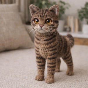 Könnte beinhalten: Gehäkelte Katzenfigur in Braun- und Beigetönen mit dunkelbraunen Streifen. Die Katze hat große, ausdrucksstarke orangefarbene Augen und ein detailliertes, strukturiertes Aussehen. Die handgefertigte Katze steht auf einer neutralfarbenen Oberfläche.