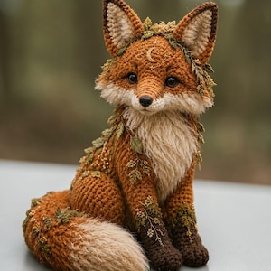 Op de afbeelding: Een gehaakte vossenfiguur in bruin-, oranje- en crèmetinten, versierd met groene bladeren en kleine witte bloemen. De vos heeft een maan- en sterrenontwerp op zijn voorhoofd. De vos zit met zijn staart opgerold.