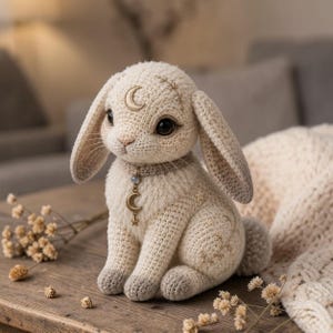 Puede incluir: Muñeca de conejo de ganchillo en tonos crema y gris, adornada con detalles celestiales. El conejo presenta una media luna en la frente y un colgante con una luna y una estrella. Se encuentra sobre una superficie de madera, con flores secas cerca.