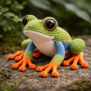 Könnte beinhalten: Eine handgefertigte Häkelfrosch mit großen schwarzen und orangefarbenen Augen. Der Frosch hat einen grünen Kopf und Rücken, einen weißen Bauch, blau und grün gestreifte Gliedmaßen und orangefarbene Füße. Er ist auf einer Steinoberfläche platziert, mit einem verschwommenen grünen Hintergrund.