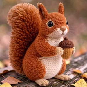 Peut inclure: Un écureuil crocheté à la main, aux tons marron et crème, tenant un gland marron. L'écureuil a une queue touffue et de grands yeux noirs. L'animal en crochet est posé sur une surface en bois.