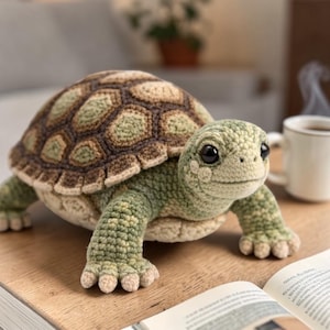 May include: A handmade crochet turtle with a detailed shell pattern in shades of brown and green. The turtle has a friendly expression with large black eyes and is posed on a wooden surface. The turtle is a soft sculpture.