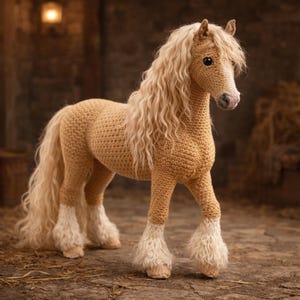 Puede incluir: Figura de caballo de ganchillo en color beige claro con una larga melena y cola rubia clara y fluida. El caballo tiene detalles blancos y esponjosos en las patas. El caballo está sobre una superficie de piedra.