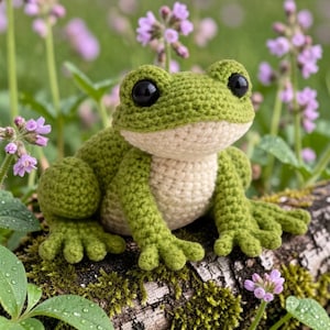 May include: A handmade crochet frog in shades of green and cream, with large black eyes. The frog is sitting on a moss-covered log, surrounded by purple flowers and greenery. The frog's body is a textured, detailed design.