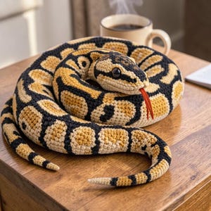 Pode incluir: Uma cobra de crochê em posição enrolada, com um padrão de bege, preto e amarelo. A cobra tem uma língua vermelha e olhos pretos. O artesanato é colocado sobre uma superfície de madeira, com uma caneca de café ao fundo.