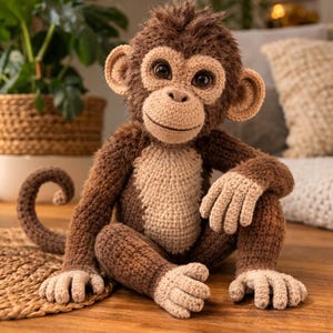 以下が含まれることがあります： 茶色とベージュの色合いの手作りの編みぐるみ猿の人形。 ぬいぐるみは、大きく表現力豊かな目、笑顔の顔、詳細な編み物で作られています。 猿は木製の表面に座っています。