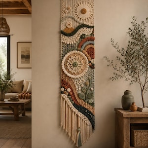 Op de afbeelding: Een lange, verticale macramé wandhanger met een complexe compositie van crèmekleurig, saliegroen, terracotta en donkerblauw garen. Het ontwerp bevat een centraal cirkelvormig mandala, een zonmotief, regenboogvormen en florale elementen.