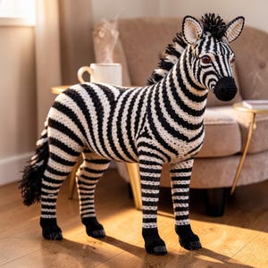 Może przedstawiać: Ręcznie robiona figurka zebry na szydełku z czarno-białymi paskami. Zebra ma czarną grzywę, ogon i kopyta oraz czerwone oczy. Ozdobne zwierzę stoi na drewnianej podłodze.