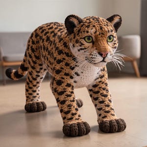 Pode incluir: Um jaguar de crochê artesanal com um padrão de manchas marrons e pretas. O grande bicho de pelúcia tem olhos verdes, nariz rosa e longos bigodes brancos. O jaguar é retratado em posição de caminhada.