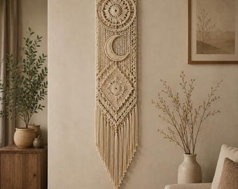 Boho Wall Hanging Crochet Pattern PDF, Geometric Moon Tapestry (Digital Download)