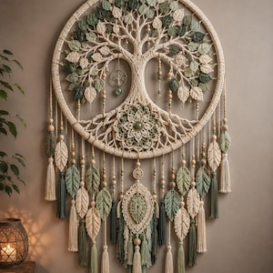 Puede incluir: Un gran tapiz de pared de macramé circular con un diseño central de árbol de la vida con intrincadas hojas de ganchillo en tonos salvia, oliva y crema. La pieza incluye cuentas de madera, borlas colgantes en forma de hoja y un motivo central.