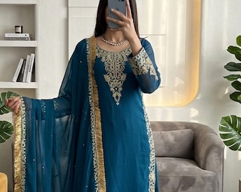 Lindo conjunto Salwar Kameez azul turquesa de designer com dupatta para mulheres, Sharara para casamento, blusa e palazzo, traje étnico indiano, conjunto Sharara paquistanês de 3 peças.