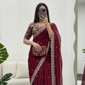 Sari rojo de diseñador, sari para bodas indias, sari para fiestas, sari con trabajo en secuencia, sari para fiestas festivas, sari para mujeres, sari de Bollywood, sari para mujeres