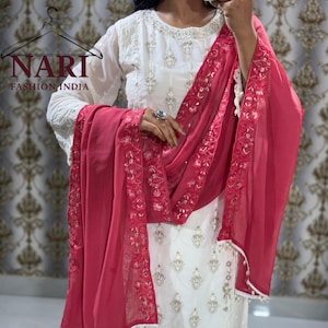 White Printed Silk Salwar Kameez: Pakistani Kurti Set with Embroidered Dupatta