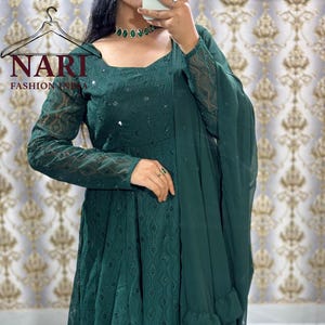 Dark Green Georgette Anarkali Dress: Indian Sequence Suit with Dupatta