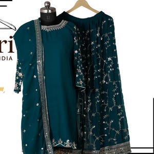 Embroidered Georgette Sharara Kurti with Dupatta: Women&#39;s Partywear