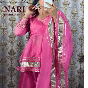 Pink Kurti Sharara with Dupatta Set: Patti & Sequin Work Organza Suit