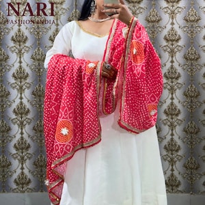White Anarkali Gown: Indian Designer Roman Silk Outfit with Dupatta