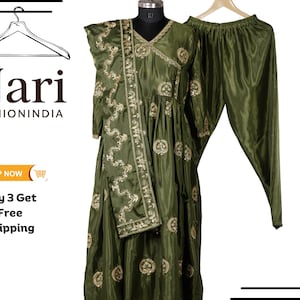 Green Georgette Anarkali Gown with Dupatta: Flared Kurti Pant Set