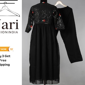 Black Cotton Anarkali Gown Pant Set: Long Flared Kurti, Ethnic Suit