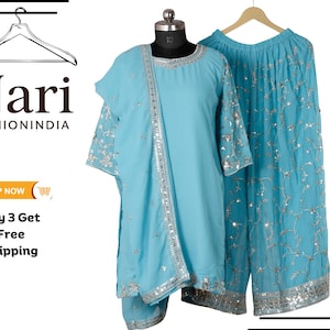 Embroidered Georgette Sharara Set: Indian Partywear Kurti with Dupatta