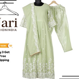 Indian Ethnic Designer Long Green Anarkali Gown Pant with Dupatta Set for Women , Heavy Embroidered Anarkali Suit for Women 3 PC Women Suit