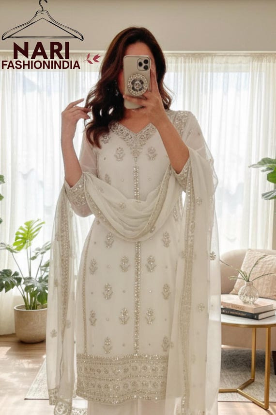 New Designer White Sharara Suit Salwar Kameez with Dupatta 3pc Set Readymade Stylish Pakistani Suit Punjabi Wedding Dress Sharara for Women