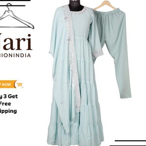 Light Green Long Flared Designer Solid Anarkali Gown Pant with Dupatta Set for Women , Indian Ethnic Heavy Designer long Anarkali Suit Women