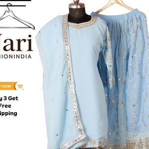 Embroidered Sky Blue Sharara Kurti Set: Indian Georgette Suit
