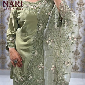 Green Silk Sharara Palazzo Suit: Sequence Embroidery, Party Wear