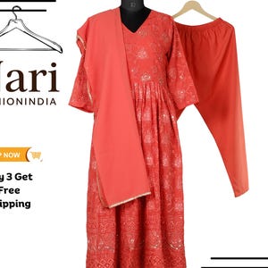 Red Georgette Anarkali Gown with Dupatta: Women&#39;s Wedding Pant Set